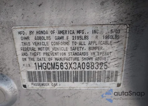 2003 Honda Accord 2.4 Lx z USA, uszkodzony, nr VIN 1HGCM563X3A098325